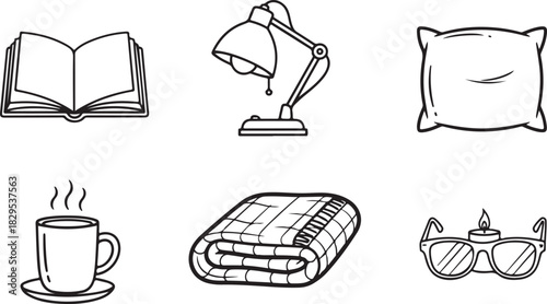 Hand-drawn icons of reading and relaxation items on white background Keywords: open book, desk