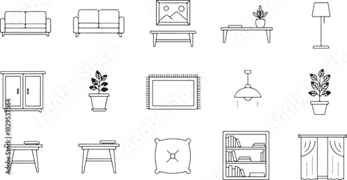 Fifteen line art icons for home furnishings and interior design elements sofa coffee table