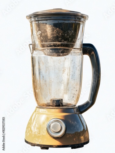 Old dirty blender with transparent jar isolated on white background