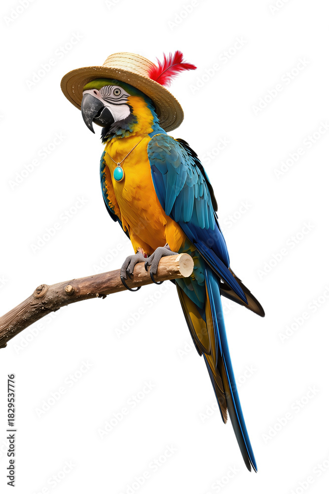 Fototapeta premium Colorful Parrot in Straw Hat with Feather