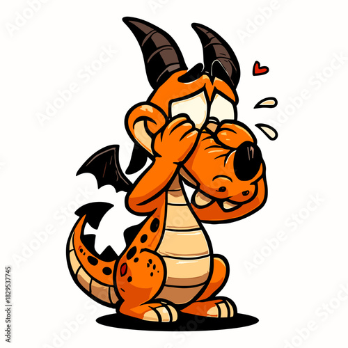 Cute orange cartoon dragon has a shy, bashful emotion