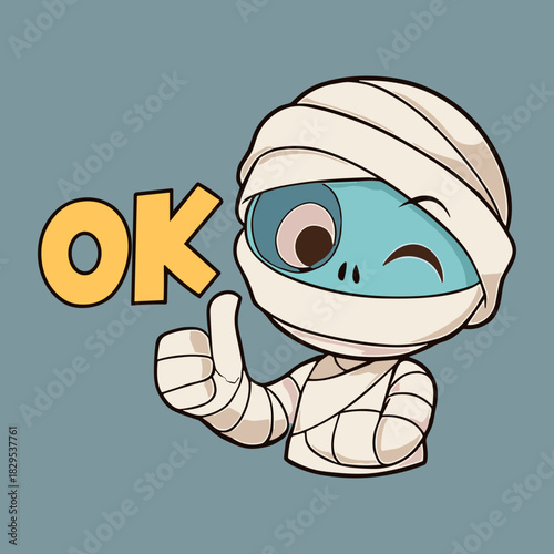 A cute cartoon mummy gives the ok sign cheerfully