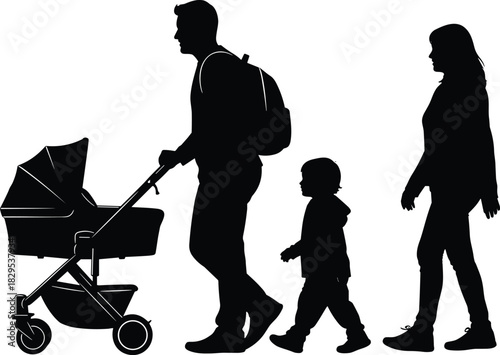 Silhouette family walking together with stroller, father pushing baby pram, mother and child beside, modern family lifestyle outdoor concept illustration