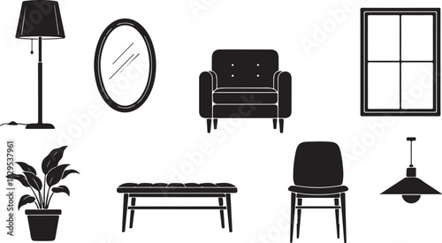 Set of black interior furnishing and decor icons on white background Keywords: floor lamp