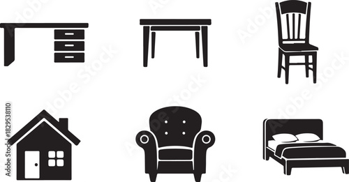 Set of six black furniture and house icons on white background Keywords: desk, table, chair