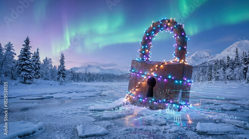 Christmas cyber security concept with large padlock wrapped in festive lights on snowy landscape under aurora borealis