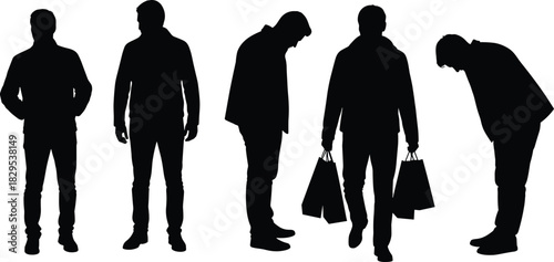 Silhouette illustration of men standing, bending, and walking with shopping bags representing lifestyle, shopping activity, posture, consumer behavior, and modern urban life