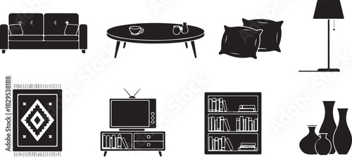 Silhouette collection of living room furniture and decor items sofa couch