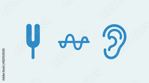 Blue illustration showing a tuning fork sound wave and human ear on a white background surface view