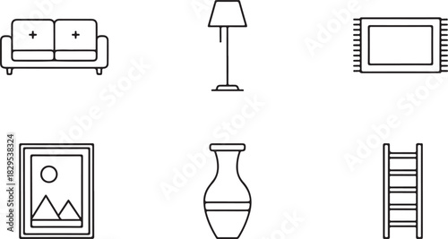 Simple Line Art Icons of Home Furniture and Decor Items sofa couch