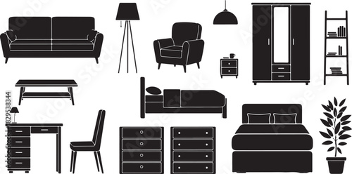 Silhouette Icons of Various Furniture Pieces for Home Interiors sofa couch