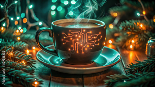 Christmas cyber security concept with steaming coffee cup featuring circuit pattern surrounded by festive lights and pine branches