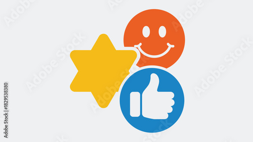 A graphic of a yellow star, an orange smiley face, and a blue thumbs up icon on a white background