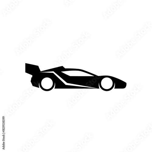 Minimalist flat design logo of silhouette icon of a modern sports car with a large rear spoiler vector template