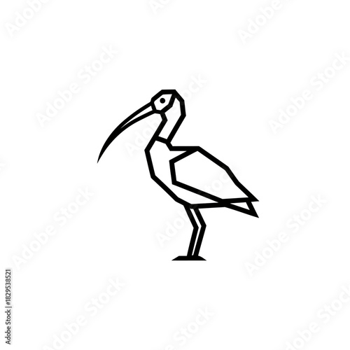 Minimalist flat design logo of geometric line art icon of an ibis bird with a long curved beak vector template