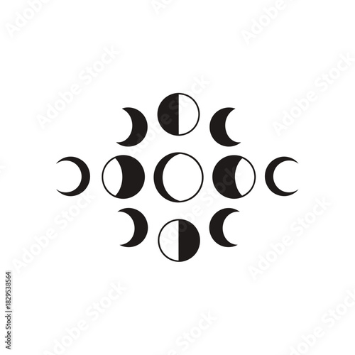 Minimalist flat design logo of black and white graphic showing the complete cycle of moon phases vector template