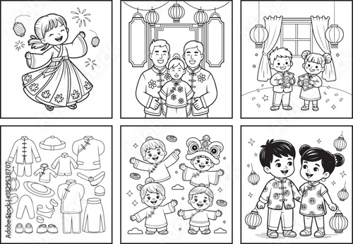 Happy chinese new year with people wearing traditional costume coloring page bundle for kids, black line art vector illustration doodle set