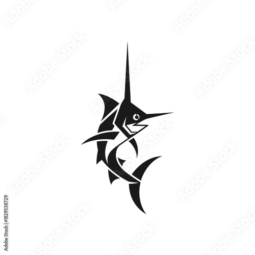 Minimalist flat design logo of stylized black silhouette graphic of a jumping marlin fish vector template