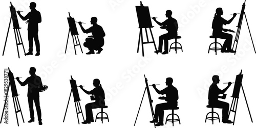 Silhouettes of artists painting at easels indoors, creative people drawing artwork with brushes, professional painters practicing diverse artistic poses, studio illustration