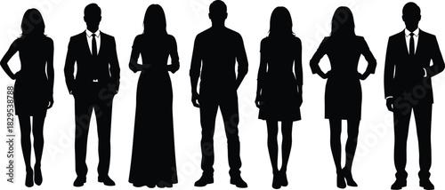 Silhouetted group of elegant men and women standing in formal and casual outfits, isolated on white background for fashion and business concepts