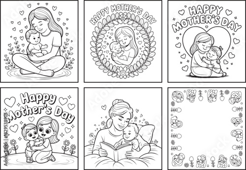 Happy mother's day greeting texts and mother holding her baby coloring page bundle for kids, black line art vector illustration doodle set