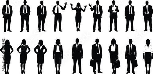 Silhouettes of diverse business professionals standing in various poses, corporate people teamwork concept, office workers collection isolated on white background
