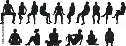 Silhouettes of diverse people sitting in various relaxed and casual poses, isolated collection for design, illustration, posture reference, lifestyle concepts