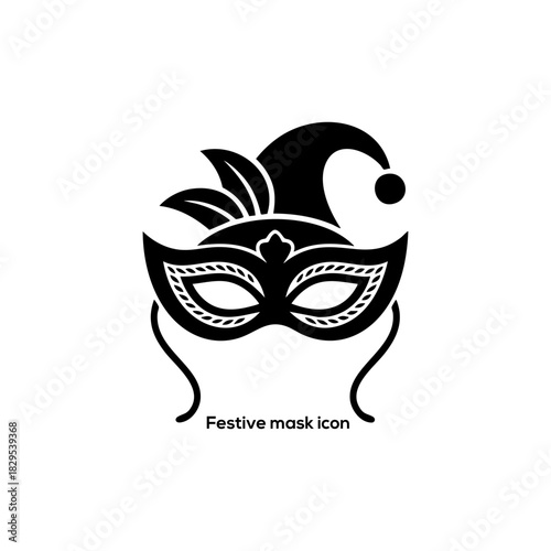 Carnival masquerade festive mask icon with jester hat, black silhouette party accessory vector illustration isolated on white background design