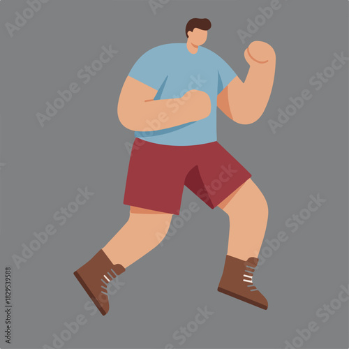 Flat vector illustration of a man in a fighting stance wearing a blue t-shirt, red shorts, and brown boots on a gray background.