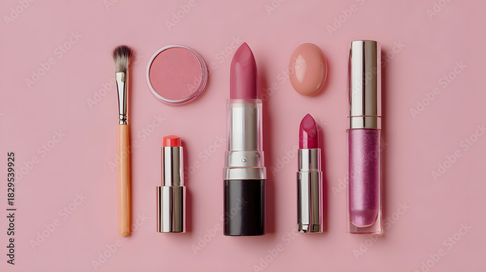 Obraz premium Assortment of beauty and makeup products on pink surface