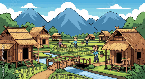 Rural Asian Village with Rice Terraces and Mountains in the Background, Illustrating Traditional Farming Life