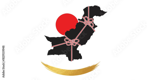 Gift-wrapped Pakistan A symbolic vector illustration showcasing a stylized map of the country with a red sun and golden crescent