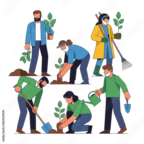 People Planting Trees Diverse Volunteers Caring for the Environment in a Community Garden