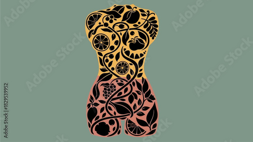 Botanical Body Illustration A Detailed Flat Design Depicting Nature and Femininity on Green