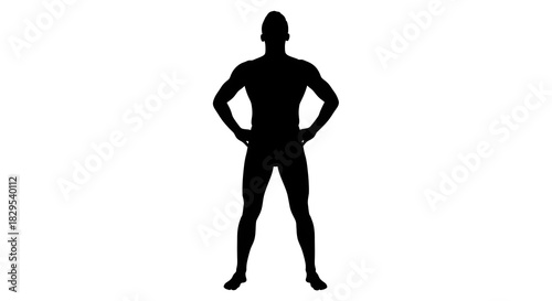 Silhouette of a muscular man standing with hands on hips against a white background in full body shot