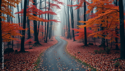 A winding asphalt road, covered in fallen leaves, cuts through a dense forest of tall trees displaying vibrant orange and red leaves.