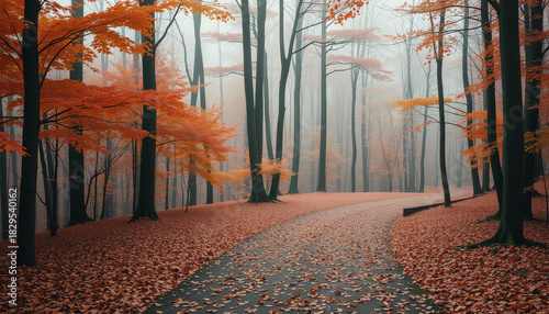 A winding path in a foggy forest is covered in fallen orange leaves, with tall trees and a hazy background.