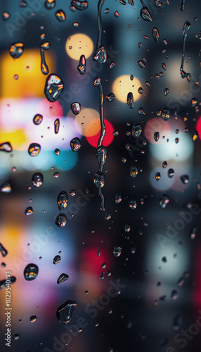 Raindrops on a window create a dynamic pattern, reflecting a blurred cityscape of buildings and streetlights.