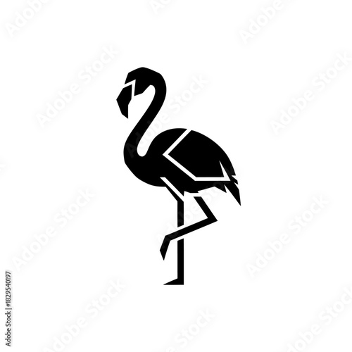 Minimalist flat design logo of geometric black silhouette icon of a flamingo standing on one leg vector template