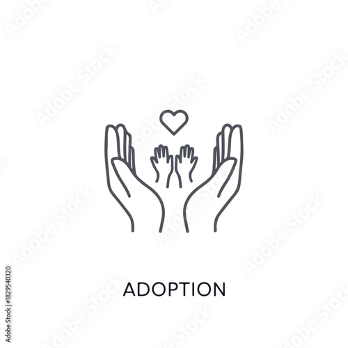 Adoption pets are cared for with love, shown by outline hands holding smaller hands and heart, presenting adoption pets concept. Love protects adoption pets.