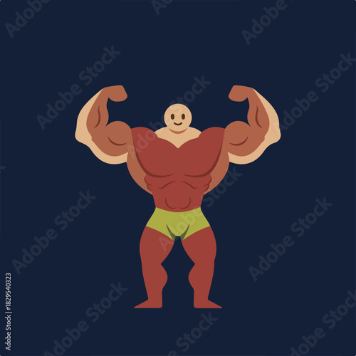 A cartoonish bodybuilder figure with large muscles, a smiling face, and wearing a green swimsuit against a dark blue background.