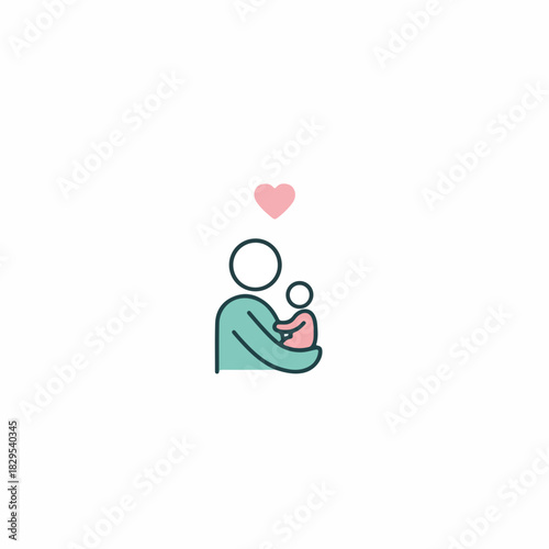 Adoption pets concept featuring a heartwarming icon of parent holding infant, conveying love and protection. Adoption pets and family connections are visually communicated through this minimal icon.