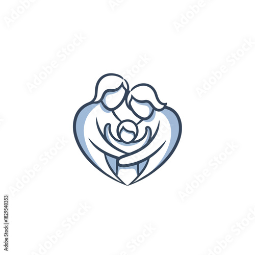 Adoption pets graphic represents two people holding baby in heart shape. Adoption pets concept, love and family support with child in embrace gesture, representing bond and care.