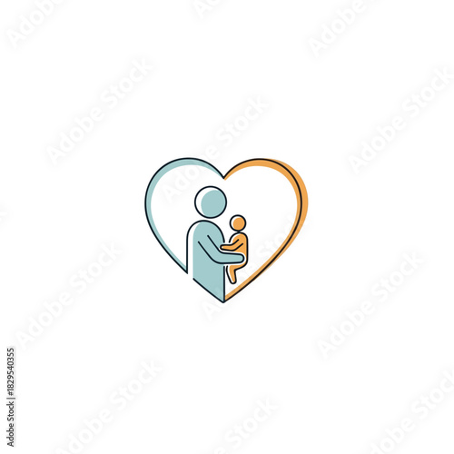 Adoption pets representation with minimalist icon of person holding a child inside heart. Adoption pets logo symbol, demonstrating parental love and secure environment.