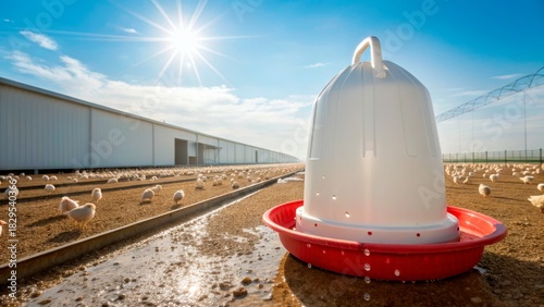 Chickens in a farmyard with water dispenser under bright sun in clear weather