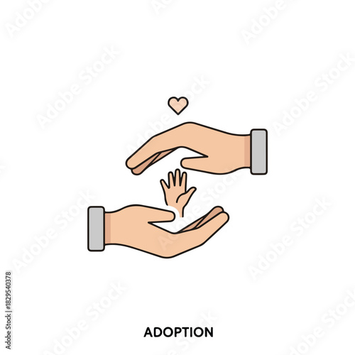 Adoption pets outline icon for adoption, showing hands protecting smaller hand with heart above them. Adoption pets symbol illustrates adoption and pet care.