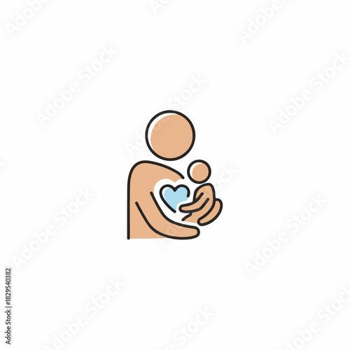 Adoption pets, simple outline drawing represents parent holding adopted child with care. Adoption pets and support concept showcased by loving embrace and heart symbol.