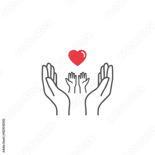 Adoption pets concept shown with protective hands surrounding smaller pet paws under loving heart. Symbol adoption pets for care, safety, and compassion with giving shelter to needy animals.