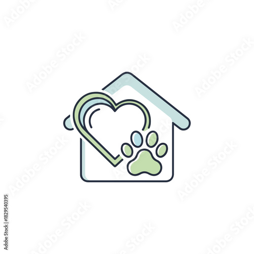 Adoption pets symbol featuring heart and paw print within house outline for animal adoption purposes. Symbol adoption pets is for pet shelters. Adoption pets icon for animal lovers,