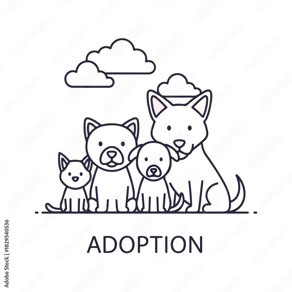 Obraz premium Adoption pets line illustration depicts group of cute dogs and cat. Adoption pets concept highlights animal care and welfare, showcasing different pet breeds together.